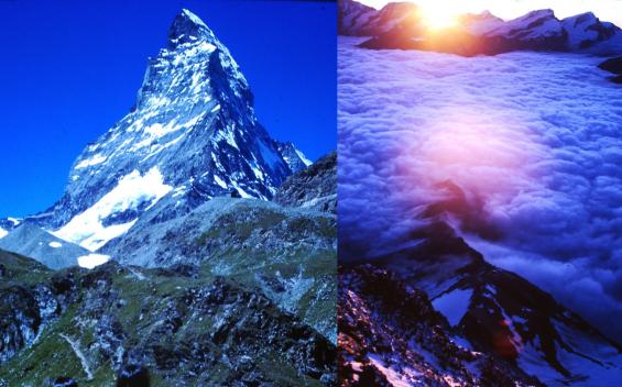 Auf halber Höhe beim Matterhorn Absieg hätte uns fast ein großer Felsklotz erschlagen, das rechte Bild zeigt den Sonnen Aufgang nach der Biwak Nacht